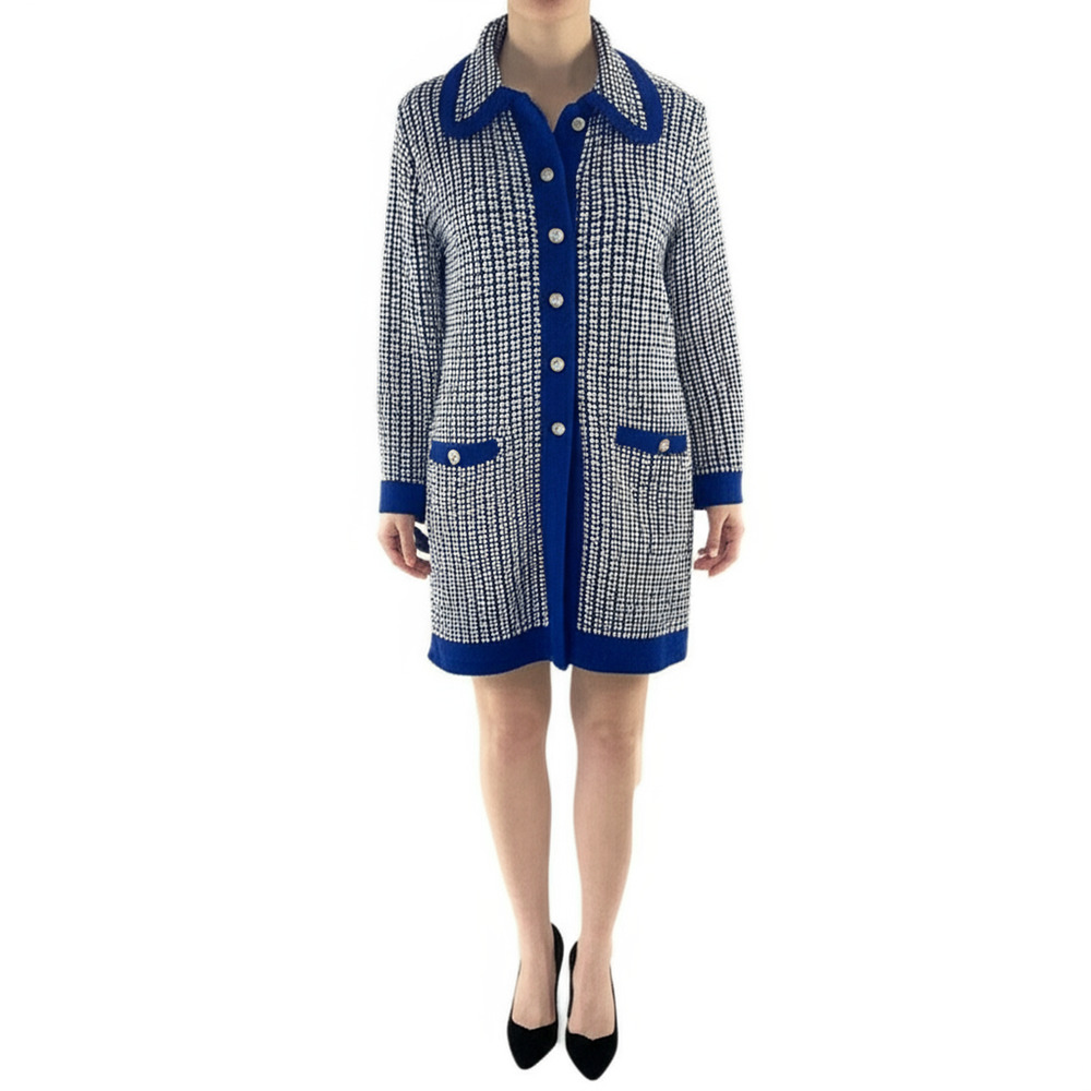 Sweater Bee Vintage Womens Navy White Checkered Knit Cardigan Jacket Size SMALL